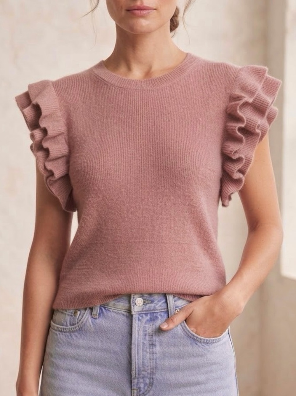 John + Jenn Pink Ruffle Sleeve Knit Top Size M